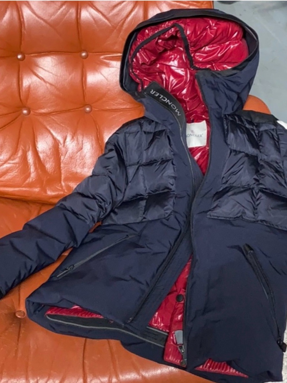 Moncler Kids Navy Blue Puffer Jacket with Red Lining